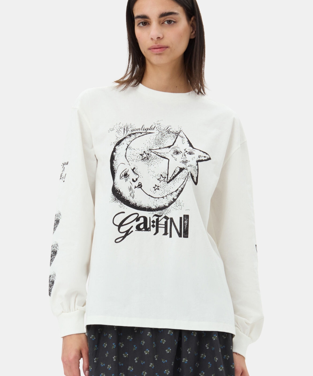 GANNI Future Heavy Jersey Moon Long Sleeve T-skjorte Egret
