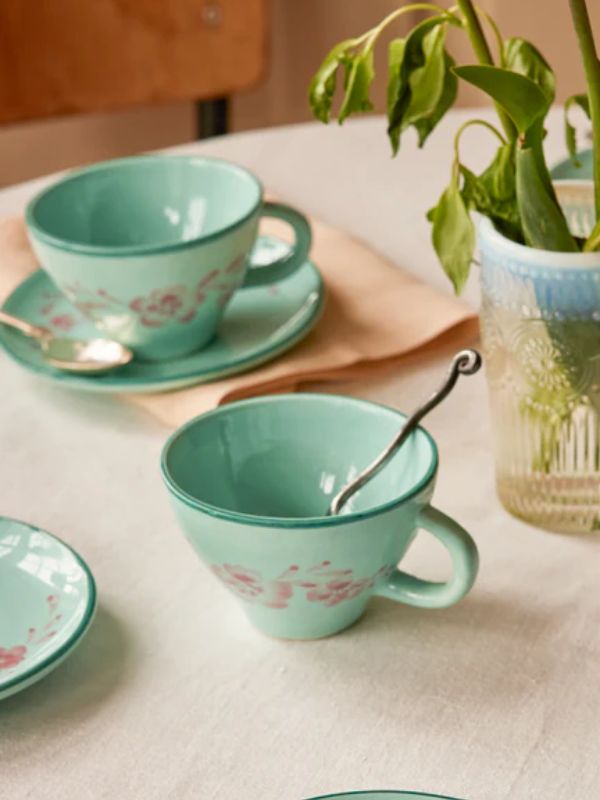 Rice Ceramic Tea Cup Soft Green Soft Pink Flower Wine