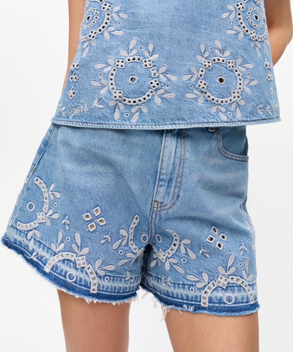 GANNI Broderie Anglaise Denim Shorts