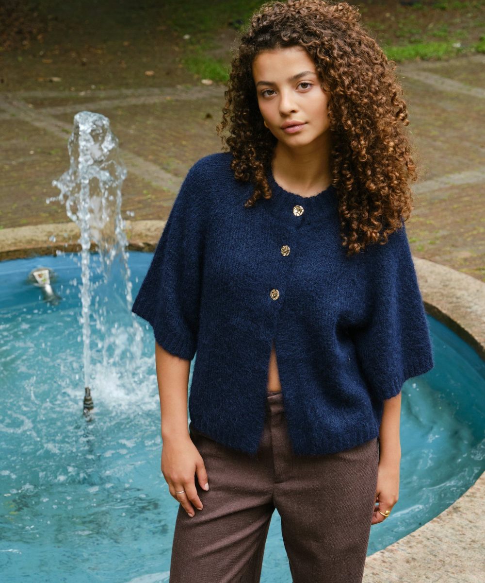 Neo Noir Benuta Fluffy Knit Cardigan Navy