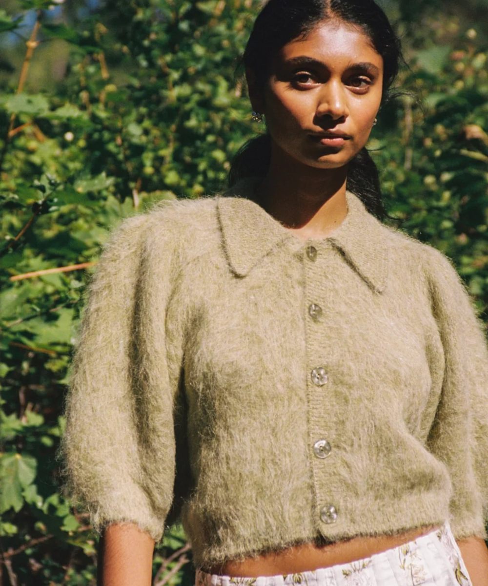 by TiMo Hairy Knit Puffed Cardigan Green