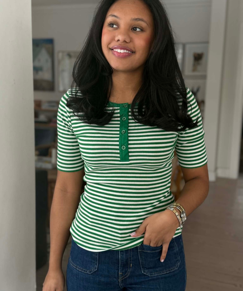basic apparel Ludmilla SS Stripe Grandad T-skjorte Grønn Hvit