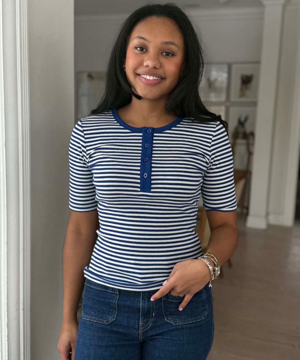 basic apparel Ludmilla SS Stripe Grandad T-skjorte Blå Hvit