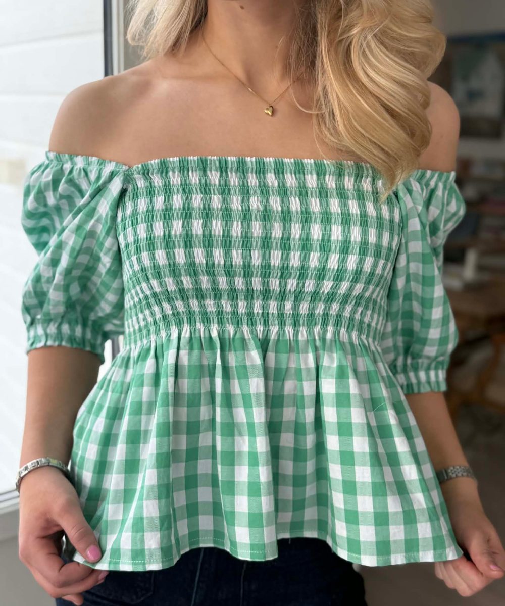 BY IDA Maren Off Shoulder Topp Ruter Grønn Onesize - Bilde 2