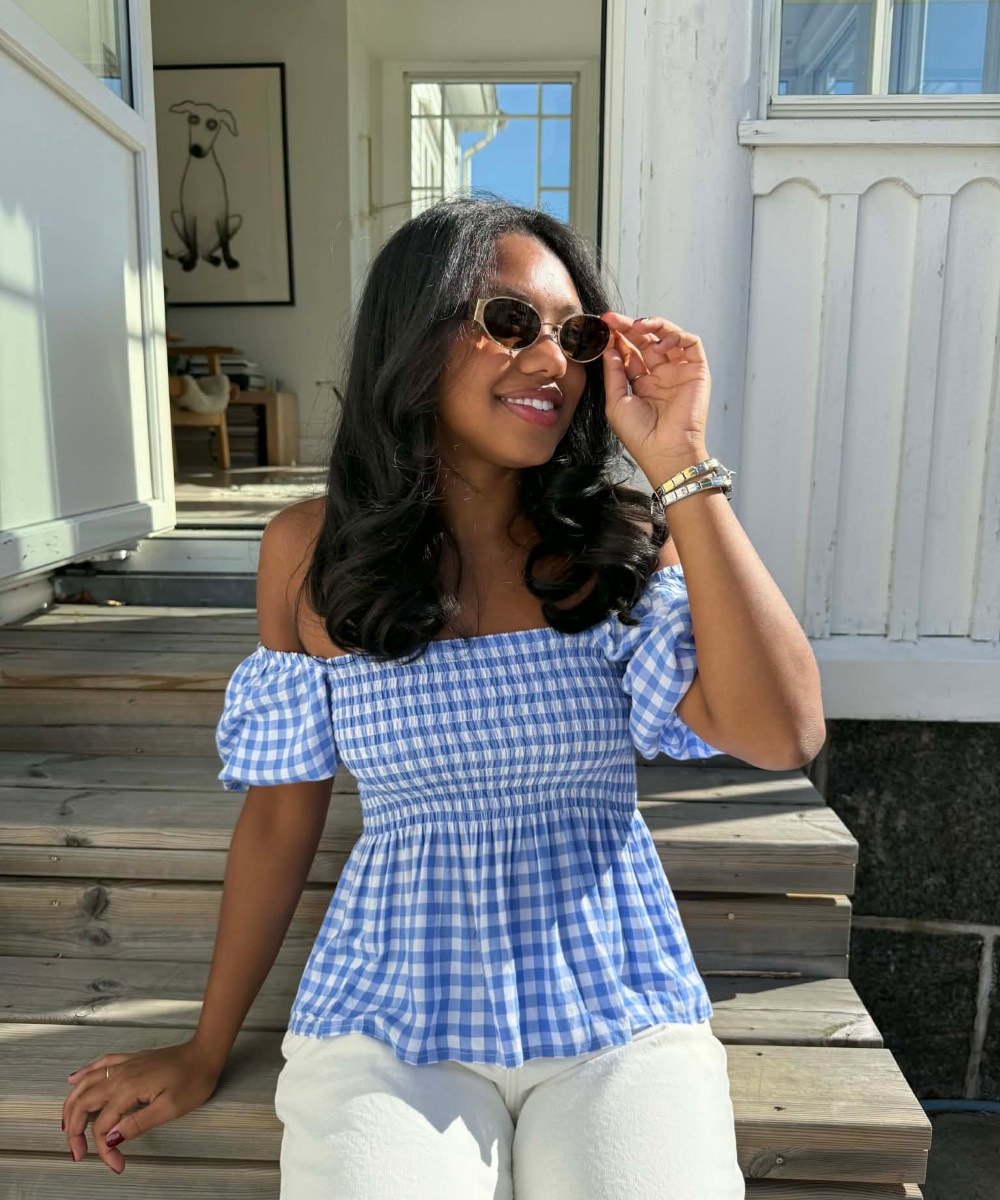 BY IDA Maren Off Shoulder Topp Ruter Offwhite Blå Onesize