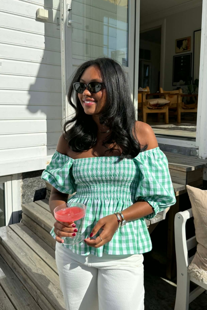 BY IDA Maren Off Shoulder Topp Ruter Grønn Onesize