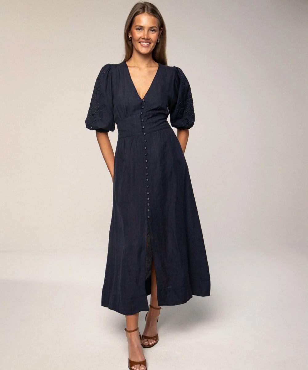 MISSMAYA Andrea Kjole Sailing Blue Linen