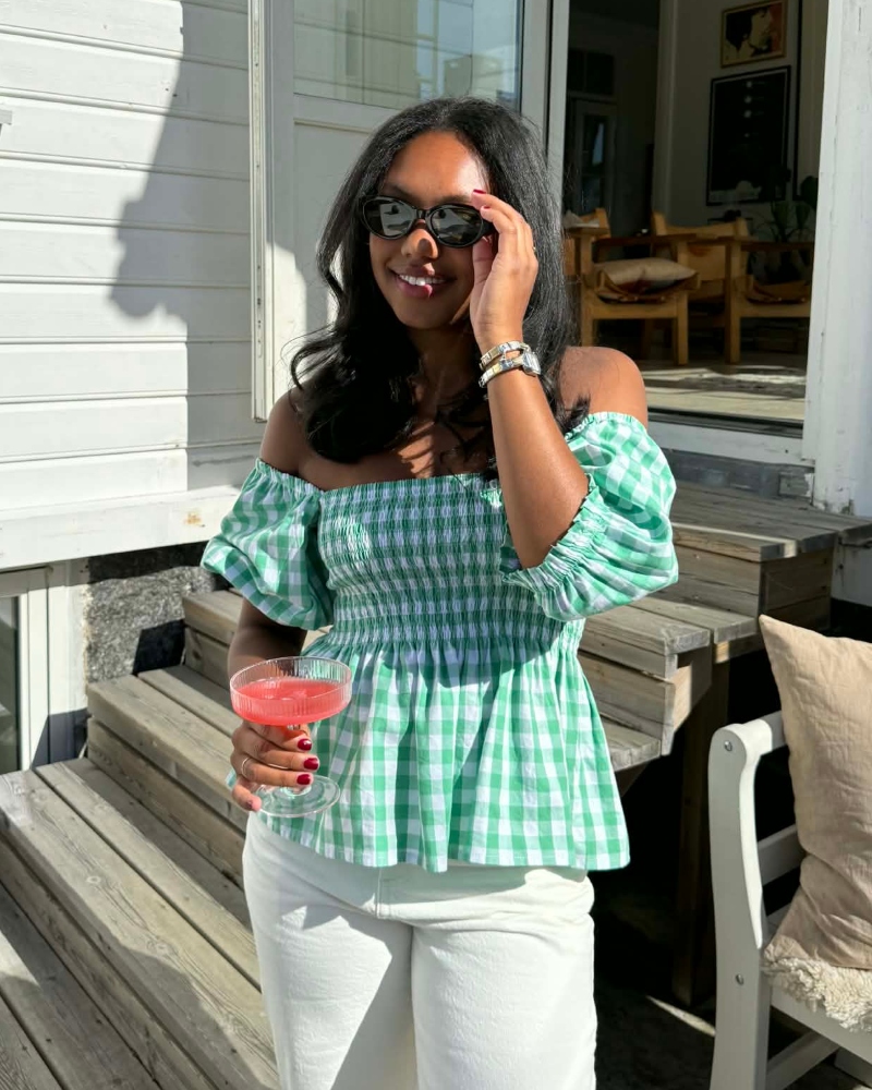 BY IDA Maren Off Shoulder Topp Ruter Grønn Onesize - Bilde 3